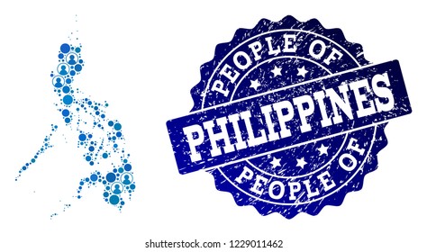 People combination of blue population map of Philippines and rubber seal. Vector seal with scratched rubber texture. Mosaic map of Philippines designed with rounded users.