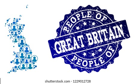 People combination of blue population map of Great Britain and grunge seal. Vector seal with grunge rubber texture. Mosaic map of Great Britain constructed with rounded users.