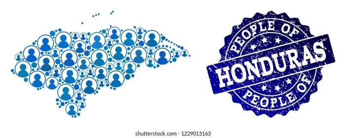 People combination of blue population map of Honduras and rubber seal. Vector imprint with unclean rubber texture. Mosaic map of Honduras constructed with rounded users.