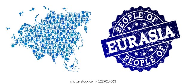 People combination of blue population map of Europe and Asia and corroded stamp. Vector watermark with corroded rubber texture. Mosaic map of Europe and Asia designed with rounded users.