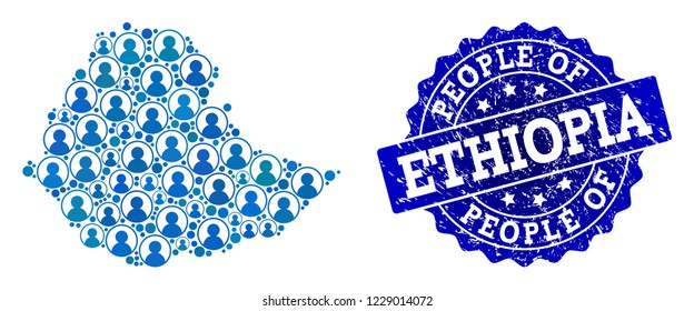 People combination of blue population map of Ethiopia and unclean seal. Vector seal with unclean rubber texture. Mosaic map of Ethiopia constructed with rounded users.