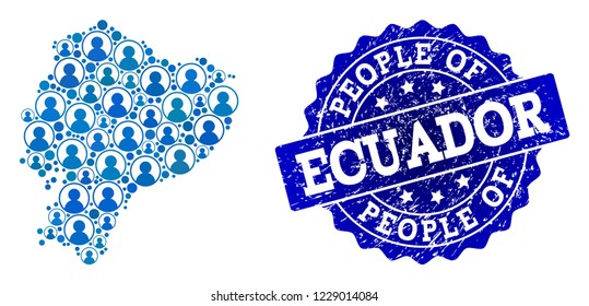 People combination of blue population map of Ecuador and corroded seal stamp. Vector seal with scratched rubber texture. Mosaic map of Ecuador designed with rounded users.
