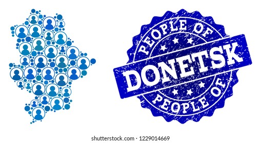 People combination of blue population map of Donetsk Republic and rubber stamp. Vector seal with grunge rubber texture. Mosaic map of Donetsk Republic designed with rounded users.