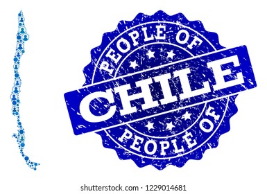 People combination of blue population map of Chile and rubber seal stamp. Vector imprint with grunge rubber texture. Mosaic map of Chile designed with rounded users. Flat design for national purposes.