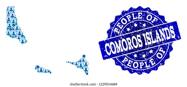 People combination of blue population map of Comoros Islands and dirty seal. Vector seal with unclean rubber texture. Mosaic map of Comoros Islands constructed with rounded users.