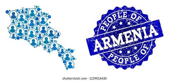 People combination of blue population map of Armenia and corroded seal stamp. Vector seal with grunge rubber texture. Mosaic map of Armenia constructed with rounded users.