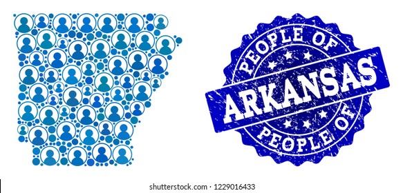 People combination of blue population map of Arkansas State and rubber seal stamp. Vector imprint with grunge rubber texture. Mosaic map of Arkansas State designed with rounded users.