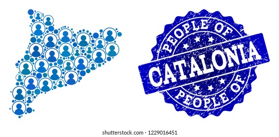 People combination of blue population map of Catalonia and grunge stamp. Vector imprint with grunge rubber texture. Mosaic map of Catalonia designed with rounded users.