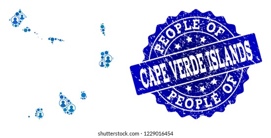 People combination of blue population map of Cape Verde Islands and corroded seal. Vector seal with corroded rubber texture. Mosaic map of Cape Verde Islands designed with rounded users.