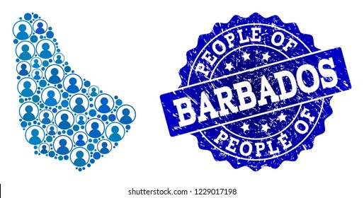 People combination of blue population map of Barbados and rubber seal. Vector seal with distress rubber texture. Mosaic map of Barbados constructed with rounded users.