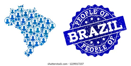 People combination of blue population map of Brazil and scratched seal stamp. Vector imprint with scratched rubber texture. Mosaic map of Brazil designed with rounded users.