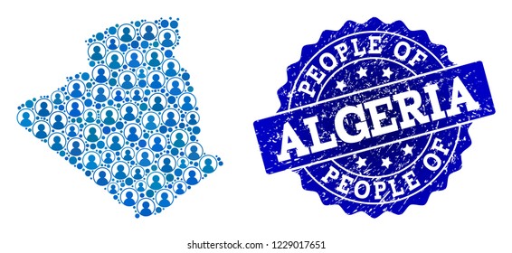People combination of blue population map of Algeria and unclean seal. Vector seal with unclean rubber texture. Mosaic map of Algeria designed with rounded users.