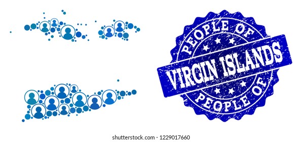People combination of blue population map of American Virgin Islands and rubber seal. Vector watermark with grunge rubber texture. Mosaic map of American Virgin Islands designed with rounded users.