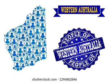 People combination of blue population map of Western Australia and rubber seal. Vector seal with distress rubber texture. Mosaic map of Western Australia constructed with rounded users.