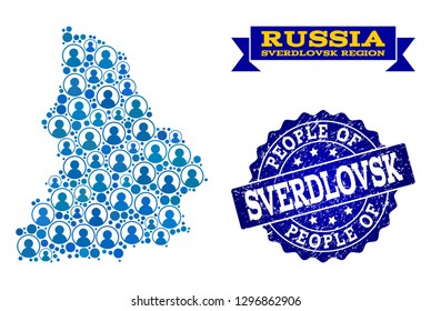 People combination of blue population map of Sverdlovsk Region and unclean seal stamp. Vector imprint with unclean rubber texture. Mosaic map of Sverdlovsk Region constructed with rounded users.