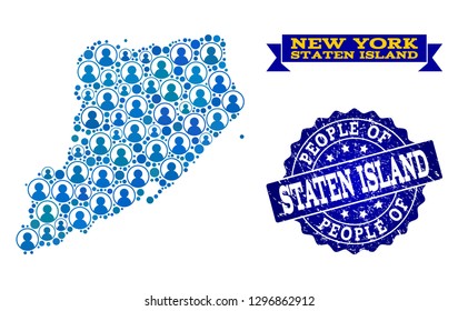 People combination of blue population map of Staten Island and rubber seal stamp. Vector seal with scratched rubber texture. Mosaic map of Staten Island designed with rounded users.