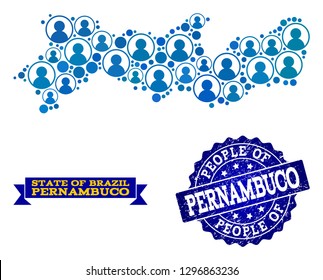 People combination of blue population map of Pernambuco State and rubber seal. Vector seal with distress rubber texture. Mosaic map of Pernambuco State constructed with rounded users.