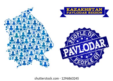 People combination of blue population map of Pavlodar Region and rubber seal. Vector seal with grunge rubber texture. Mosaic map of Pavlodar Region designed with rounded users.