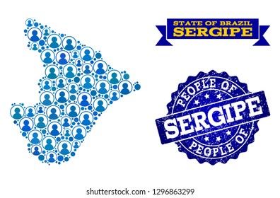 People combination of blue population map of Sergipe State and rubber seal stamp. Vector seal with unclean rubber texture. Mosaic map of Sergipe State constructed with rounded users.