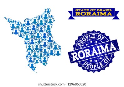 People combination of blue population map of Roraima State and rubber seal stamp. Vector seal with scratched rubber texture. Mosaic map of Roraima State constructed with rounded users.