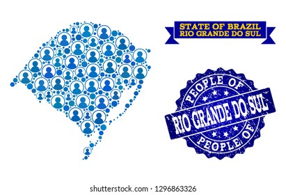 People combination of blue population map of Rio Grande do Sul State and rubber seal stamp. Vector seal with scratched rubber texture.