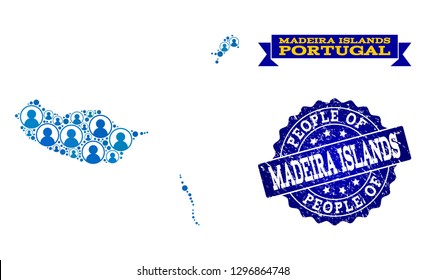 People combination of blue population map of Madeira Islands and scratched seal. Vector seal with scratched rubber texture. Mosaic map of Madeira Islands designed with rounded users.