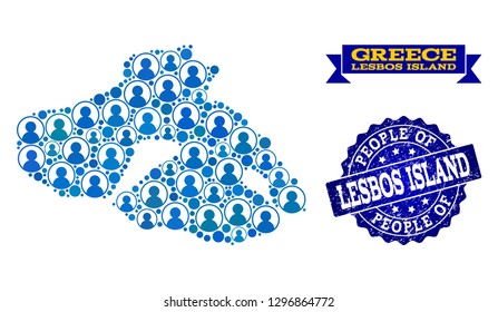 People combination of blue population map of Lesbos Island and grunge seal. Vector seal with corroded rubber texture. Mosaic map of Lesbos Island constructed with rounded users.