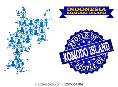 People combination of blue population map of Komodo Island and rubber seal. Vector seal with scratched rubber texture. Mosaic map of Komodo Island constructed with rounded users.