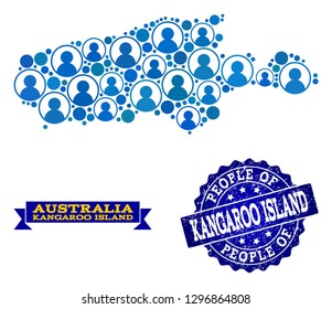 People combination of blue population map of Kangaroo Island and unclean seal stamp. Vector imprint with unclean rubber texture. Mosaic map of Kangaroo Island designed with rounded users.