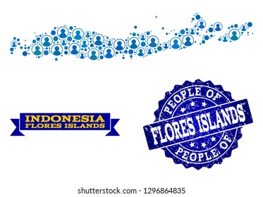 People combination of blue population map of Indonesia - Flores Islands and rubber seal. Vector seal with scratched rubber texture.