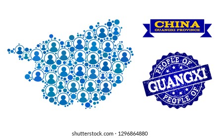 People combination of blue population map of Guangxi Province and dirty seal. Vector seal with corroded rubber texture. Mosaic map of Guangxi Province constructed with rounded users.