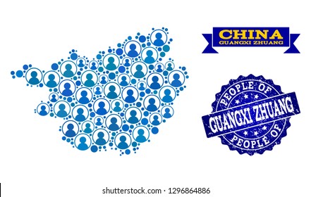 People combination of blue population map of Guangxi Zhuang Region and scratched seal. Vector watermark with scratched rubber texture.