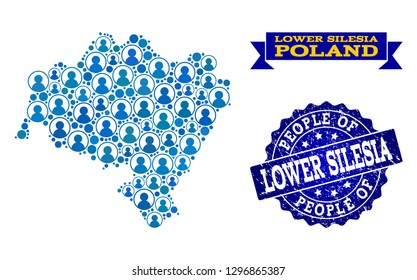 People combination of blue population map of Lower Silesia Province and rubber seal stamp. Vector imprint with corroded rubber texture.