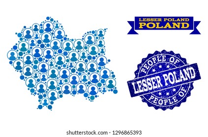 People combination of blue population map of Lesser Poland Province and unclean seal. Vector seal with distress rubber texture. Mosaic map of Lesser Poland Province designed with rounded users.