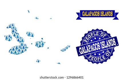 People combination of blue population map of Galapagos Islands and scratched seal. Vector seal with scratched rubber texture. Mosaic map of Galapagos Islands constructed with rounded users.