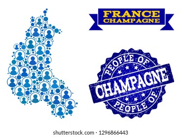 People combination of blue population map of Champagne Province and scratched seal stamp. Vector seal with scratched rubber texture. Mosaic map of Champagne Province constructed with rounded users.