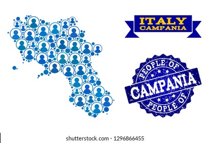 People combination of blue population map of Campania region and rubber seal. Vector seal with unclean rubber texture. Mosaic map of Campania region constructed with rounded users.