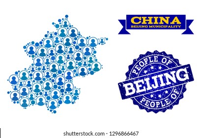 People combination of blue population map of Beijing Municipality and textured seal. Vector seal with corroded rubber texture. Mosaic map of Beijing Municipality constructed with rounded users.