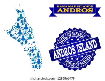 People combination of blue population map of Bahamas - Andros Island and rubber seal stamp. Vector seal with grunge rubber texture. Mosaic map of Bahamas - Andros Island designed with rounded users.