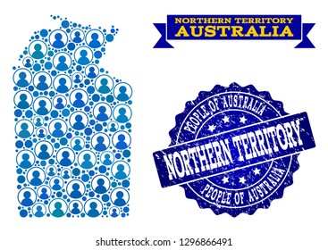 People combination of blue population map of Australian Northern Territory and scratched seal. Vector seal with scratched rubber texture.