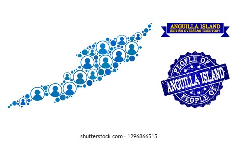 People combination of blue population map of Anguilla Island and rubber stamp. Vector seal with scratched rubber texture. Mosaic map of Anguilla Island constructed with rounded users.