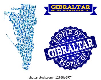 People combination of blue population map of Gibraltar and rubber seal stamp. Vector seal with grunge rubber texture. Mosaic map of Gibraltar constructed with rounded users.