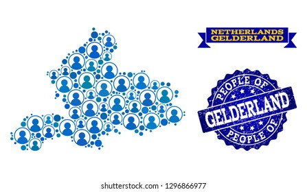 People combination of blue population map of Gelderland Province and rubber seal. Vector imprint with grunge rubber texture. Mosaic map of Gelderland Province constructed with rounded users.