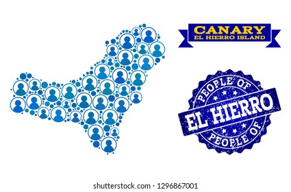 People combination of blue population map of El Hierro Island and rubber seal stamp. Vector seal with unclean rubber texture. Mosaic map of El Hierro Island constructed with rounded users.