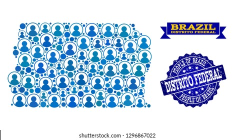 People combination of blue population map of Brazil - Distrito Federal and textured seal stamp. Vector seal with corroded rubber texture.