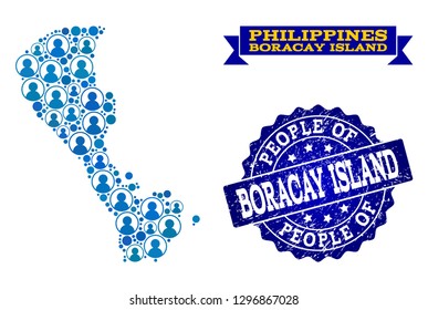 People combination of blue population map of Boracay Island and grunge seal stamp. Vector seal with distress rubber texture. Mosaic map of Boracay Island designed with rounded users.