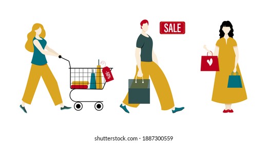 
People come with bags from shops. Person shop at the mall. Vector set of women and men on an isolated background for design on a sale theme. Flat design