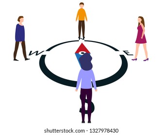 People come to the compass from different sides, people from all over the world are looking for the right direction. Vector illustration.