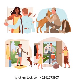 People come home set, return from trip or army, walk or work vector illustration. Cartoon happy mother and kid meet homecoming father in doorway, wife meeting husband, soldier hugging dog friend