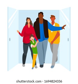 people come out of the door of the room to the street. group of people. vector illustration